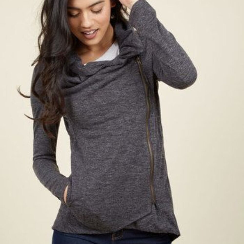 Modcloth Cowl Neck Asymmetric Side Zip Charcoal Grey Cardigan Knit